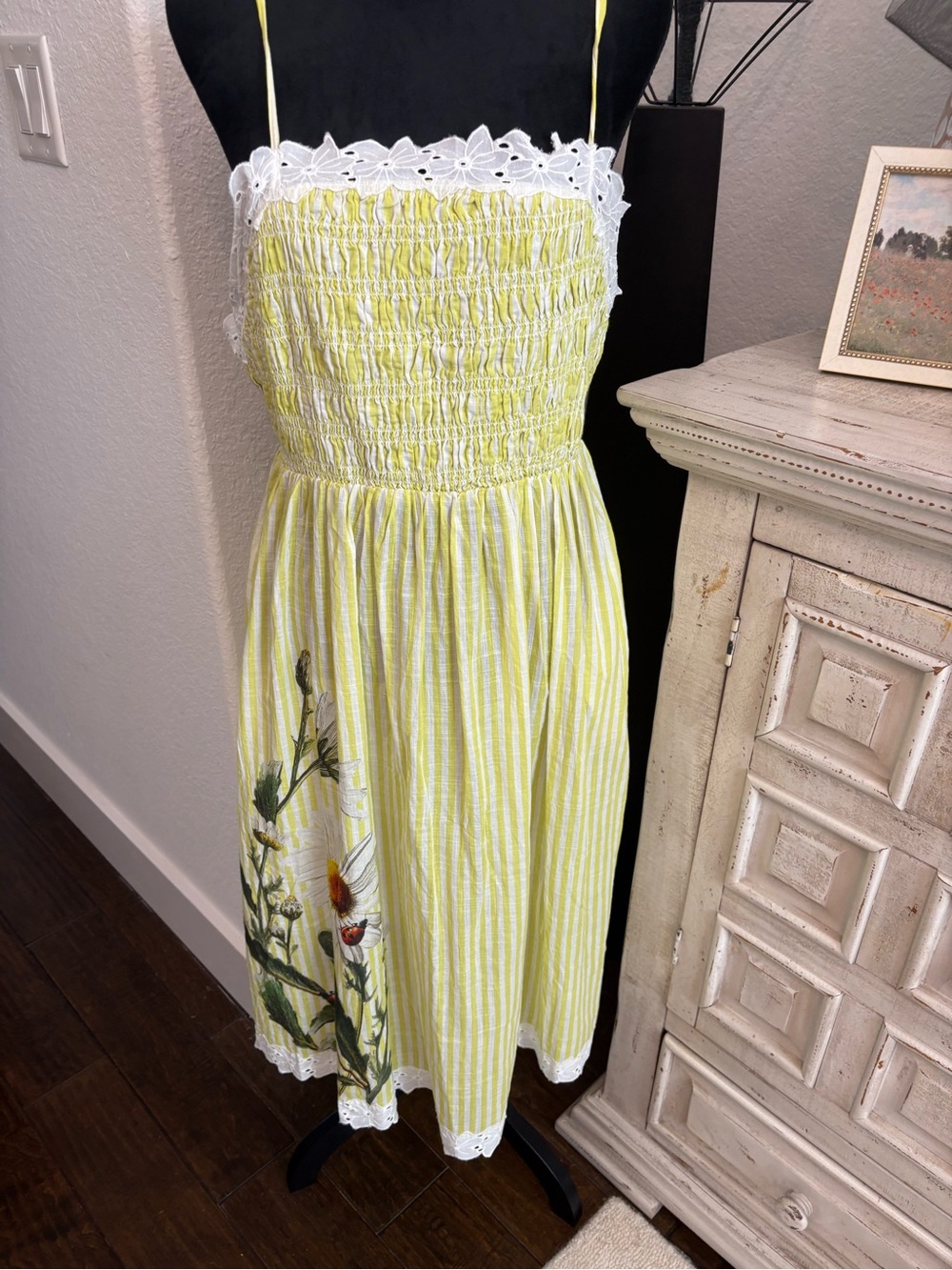 Anthropologie/Lyre BirdYellow Striped Floral Lace Midi Dress